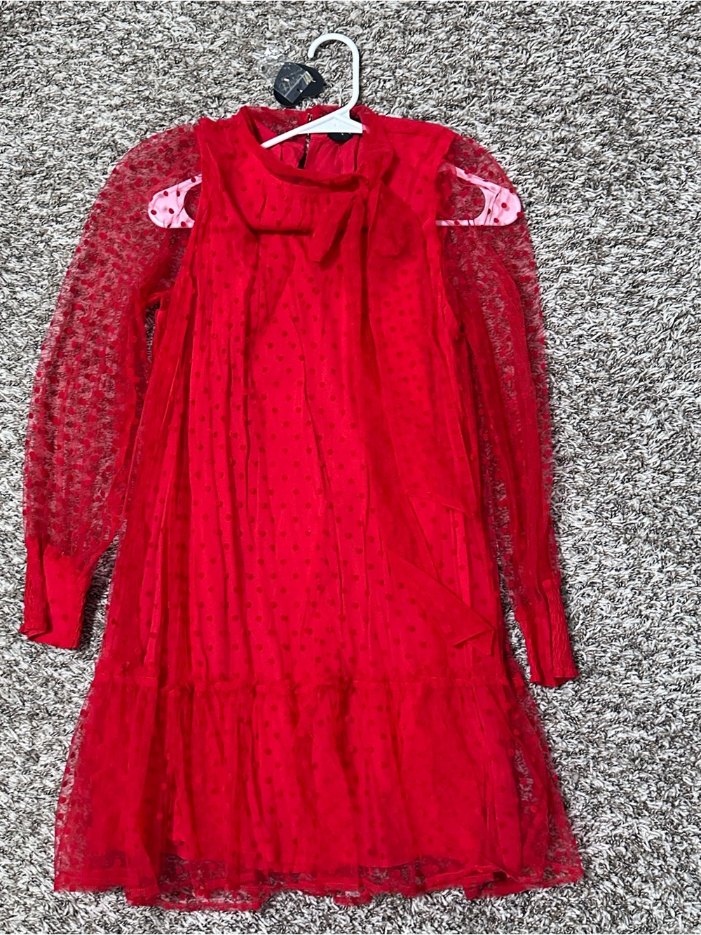 Merritt women’s Red Dotted Bow-Neck Midi Dress with Sheer Sleeves